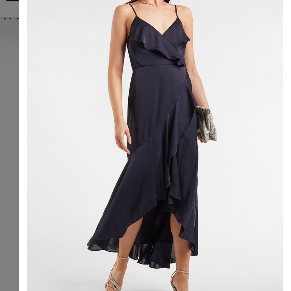 Express satin ruffle wrap midi dress